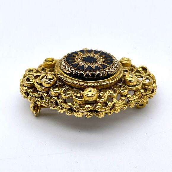 Vintage Ornate Gold-Tone Filigree Brooch Pin Black Starburst Florenza-Style - Picture 2 of 10